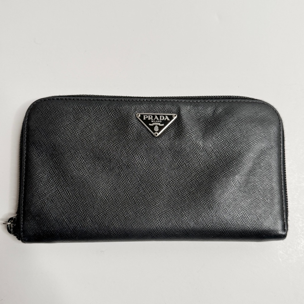 Prada Long Saffiano Leather Zippered Wallet - black - missing zipper pull
